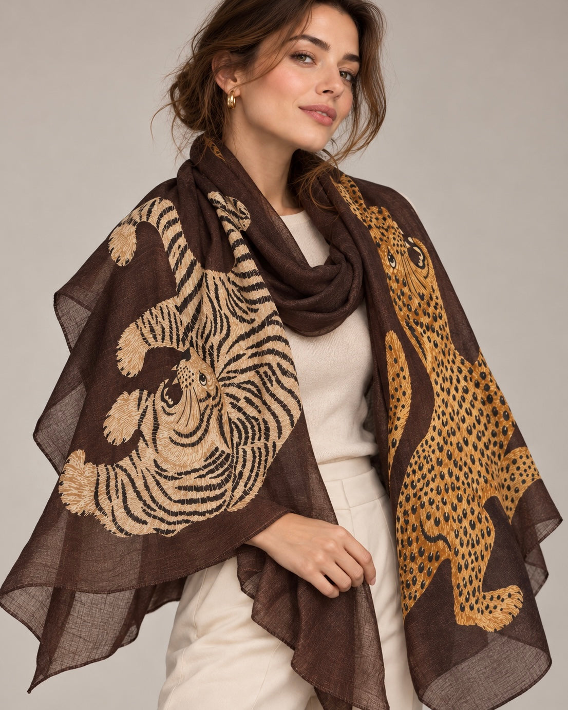 Ivory Wild Duo Soft Weave Brown Scarf