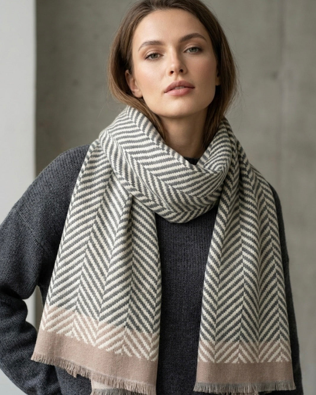 Beige V-Patterned Statement Scarf