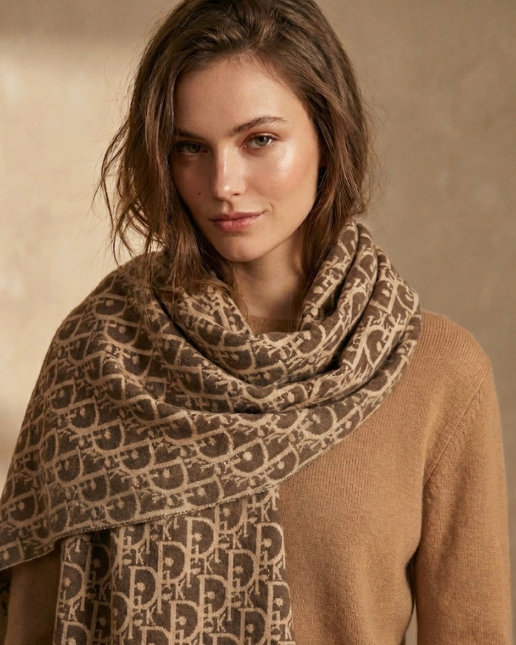 Christian Dior Monogram Brown Cream Vintage Scarf