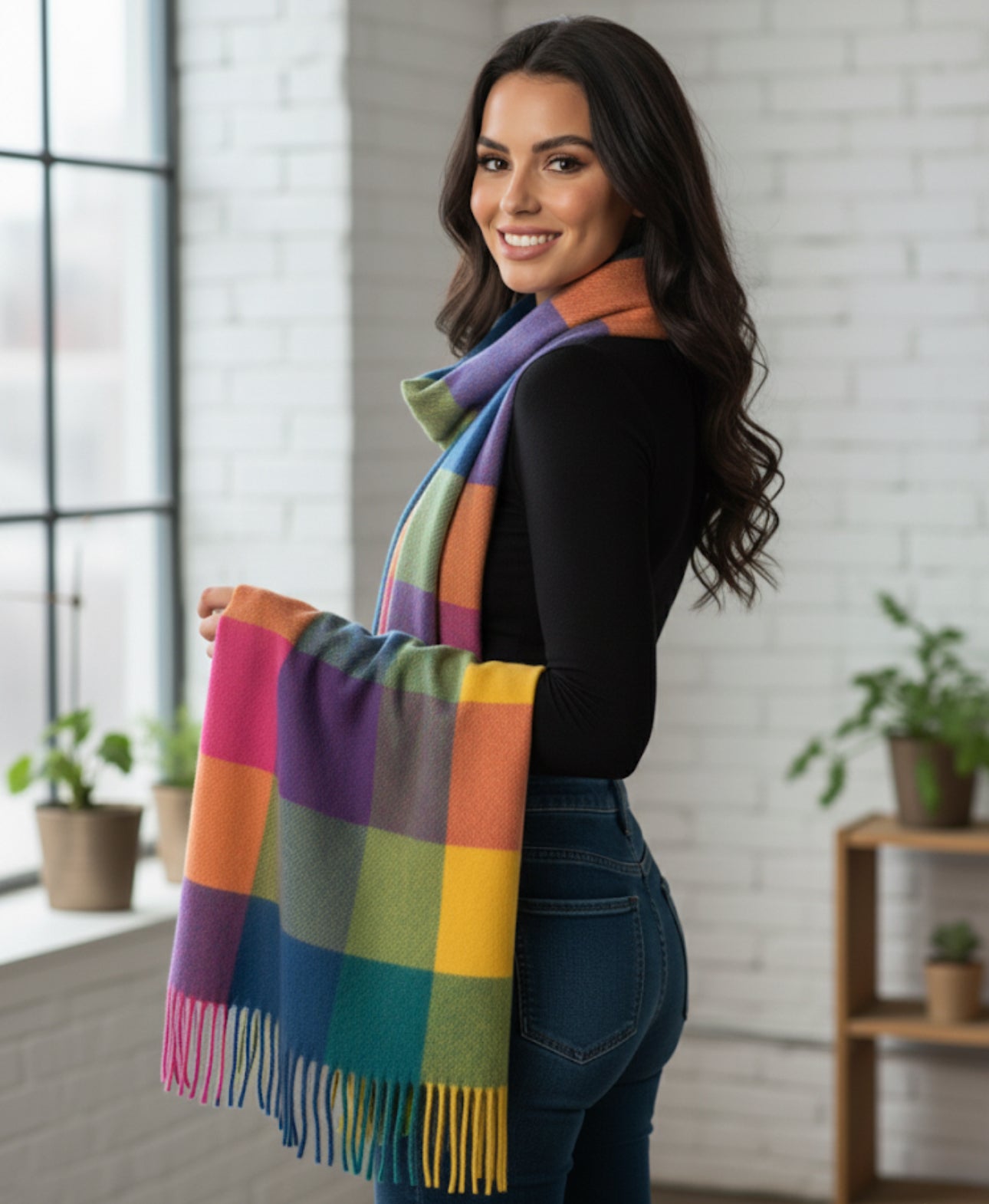 Rainbow Plaid Cashmere Scarf