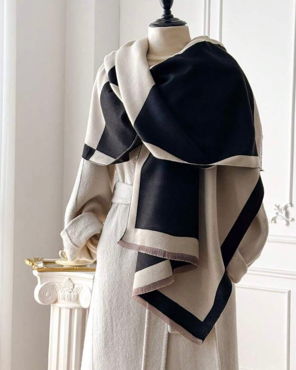 Dual Beige Black Faux Cashmere Elegant Scarf