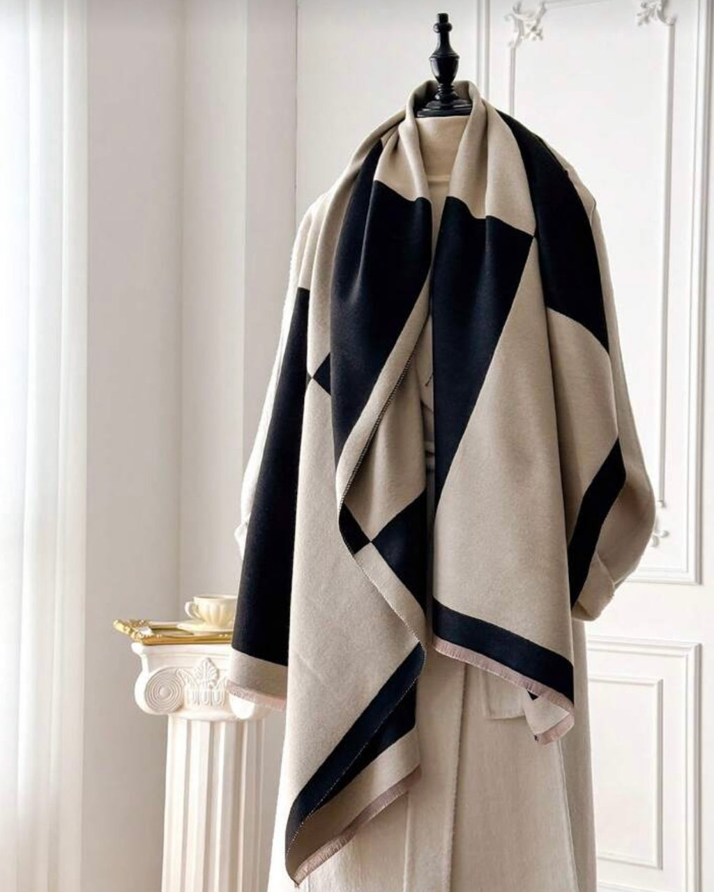 Dual Beige Black Faux Cashmere Elegant Scarf