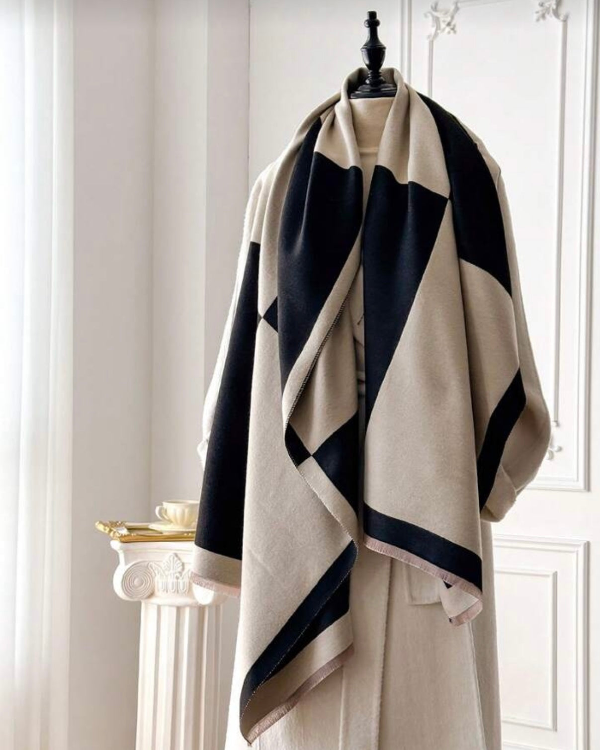Dual Beige Black Faux Cashmere Elegant Scarf