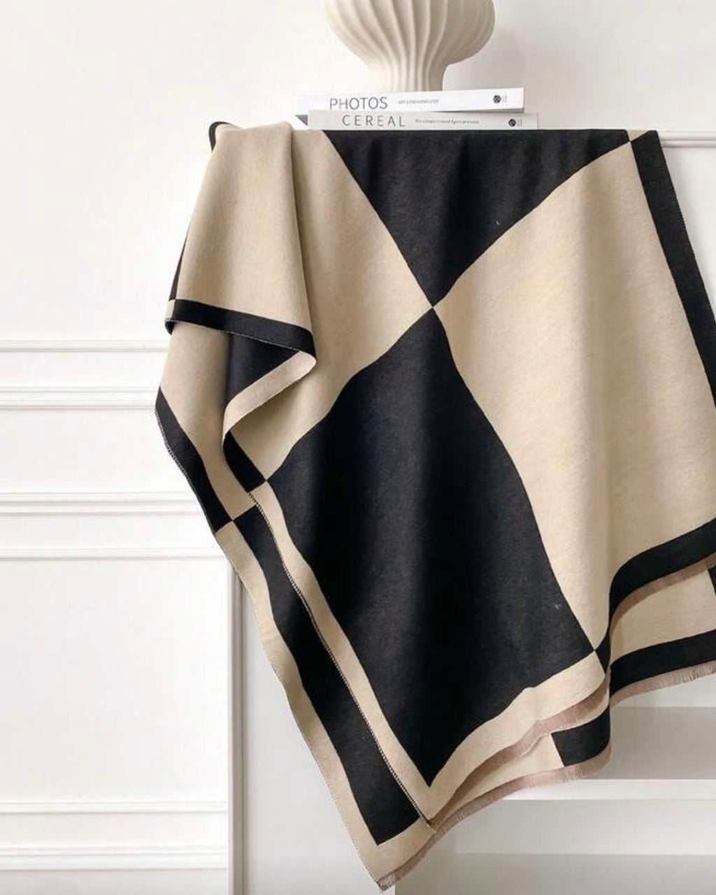Dual Beige Black Faux Cashmere Elegant Scarf