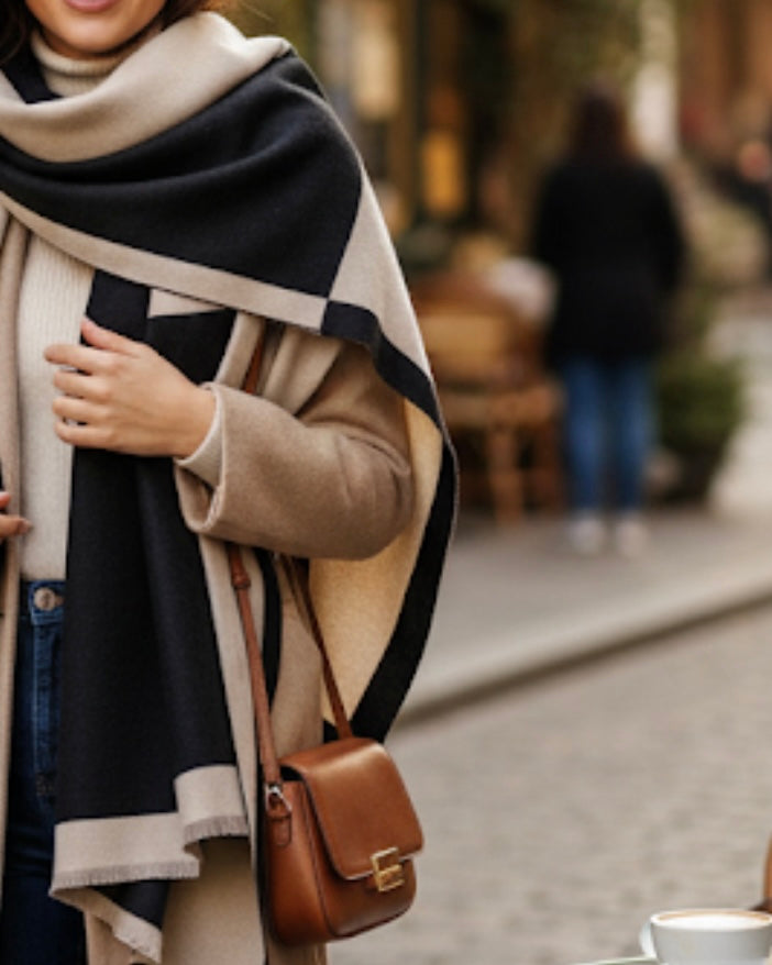 Dual Beige Black Faux Cashmere Elegant Scarf