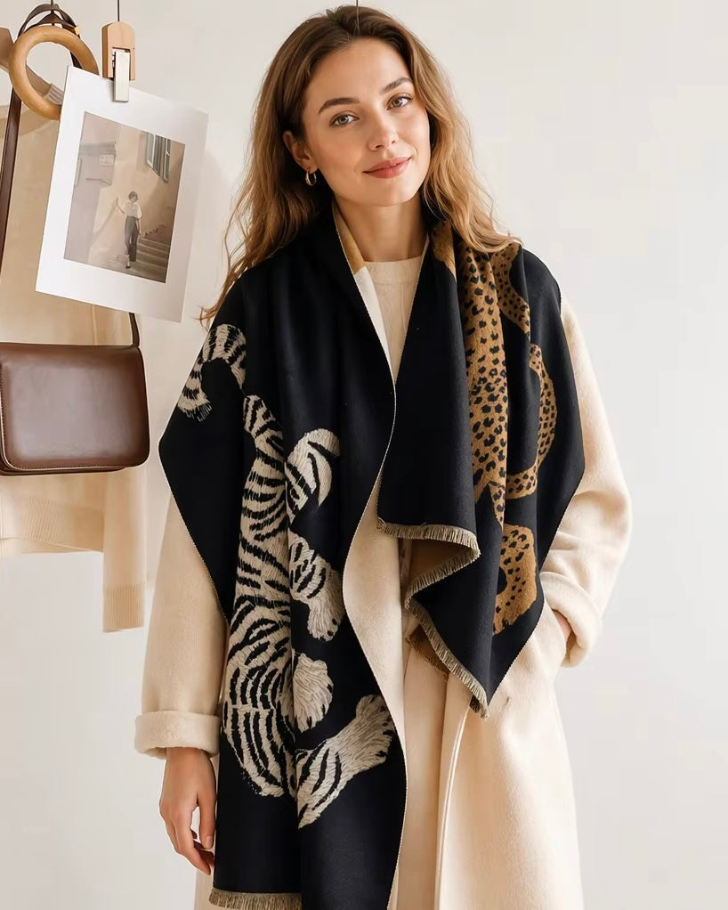 Black Roaring Leopard Jacquard Scarf