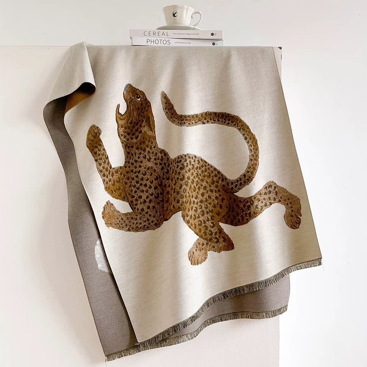 Beige Roaring Leopard Jacquard Scarf
