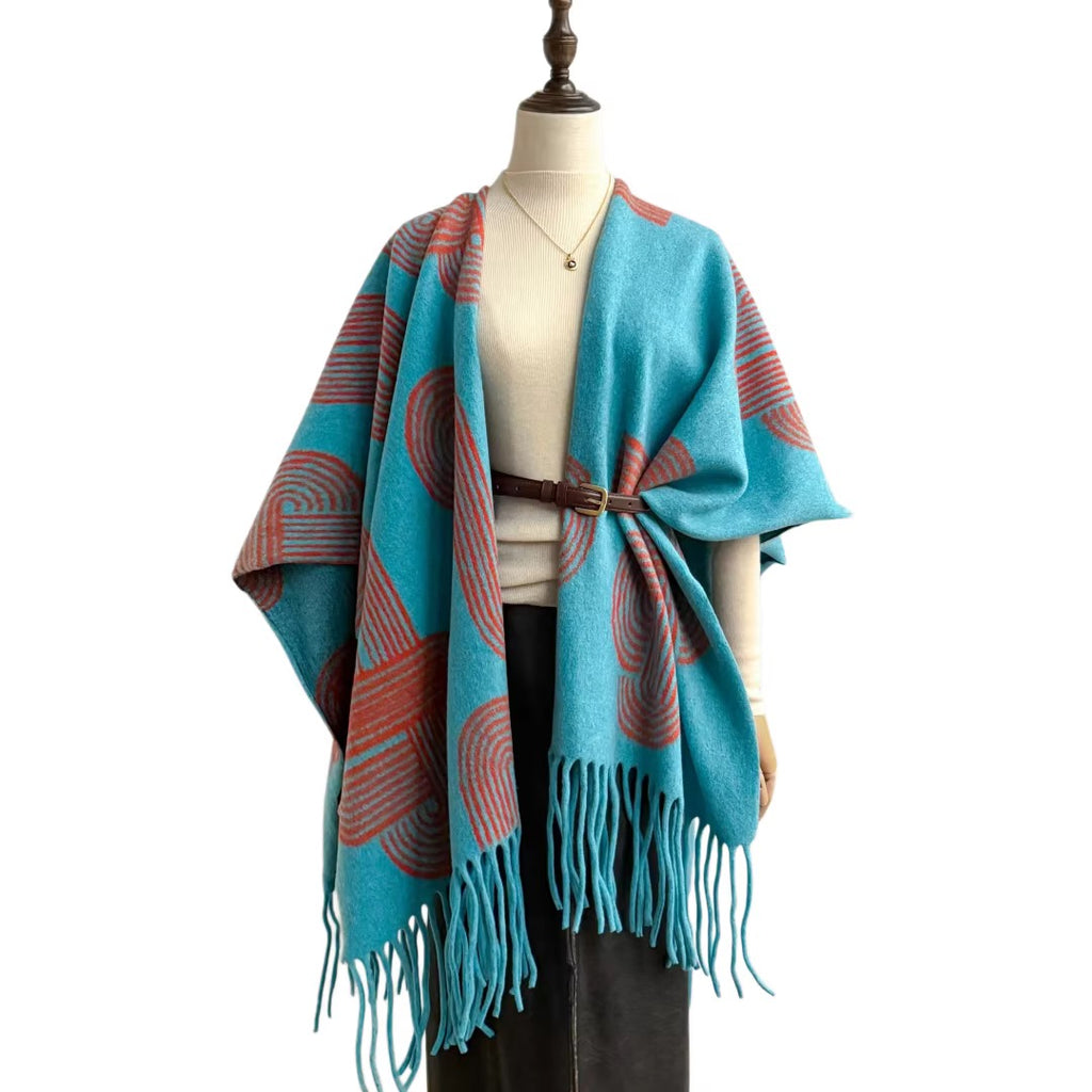 Bohemian Teal and Rust Open Front Poncho