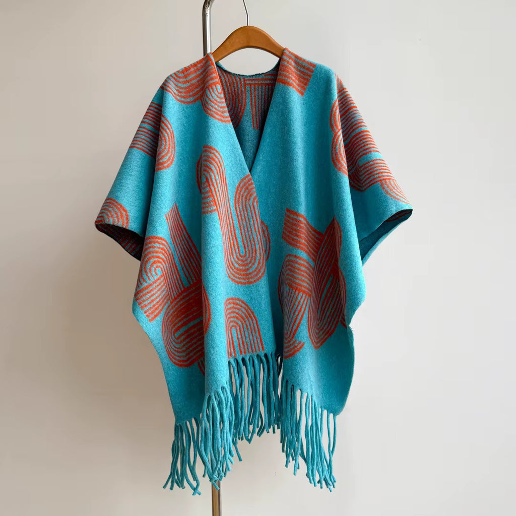 Bohemian Teal and Rust Open Front Poncho