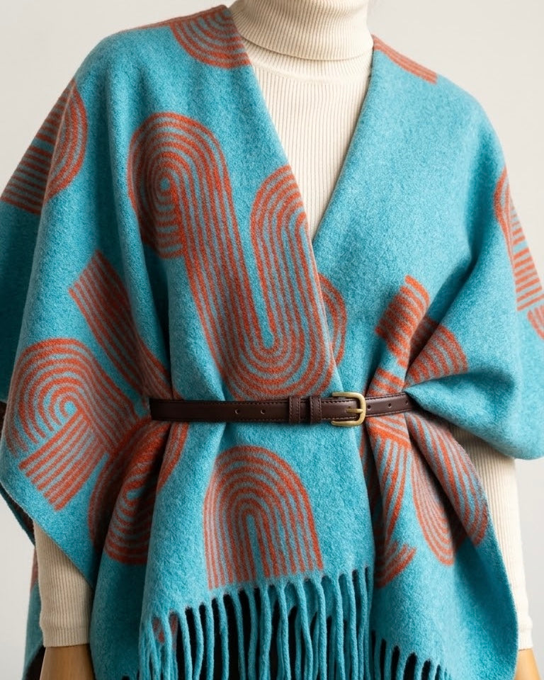 Bohemian Teal and Rust Open Front Poncho