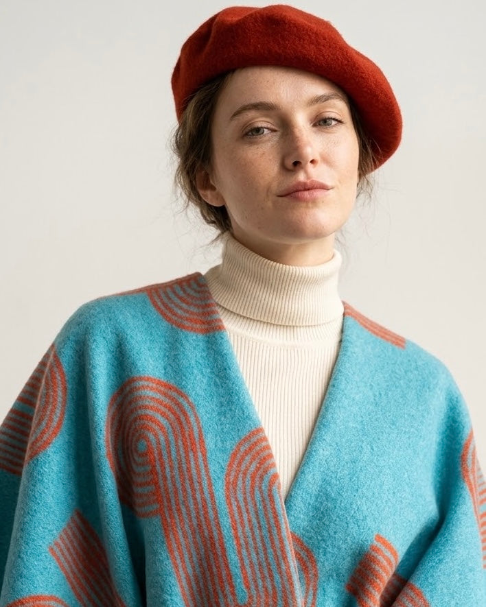 Bohemian Teal and Rust Open Front Poncho