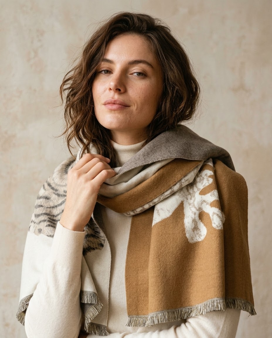 Beige Roaring Leopard Jacquard Scarf