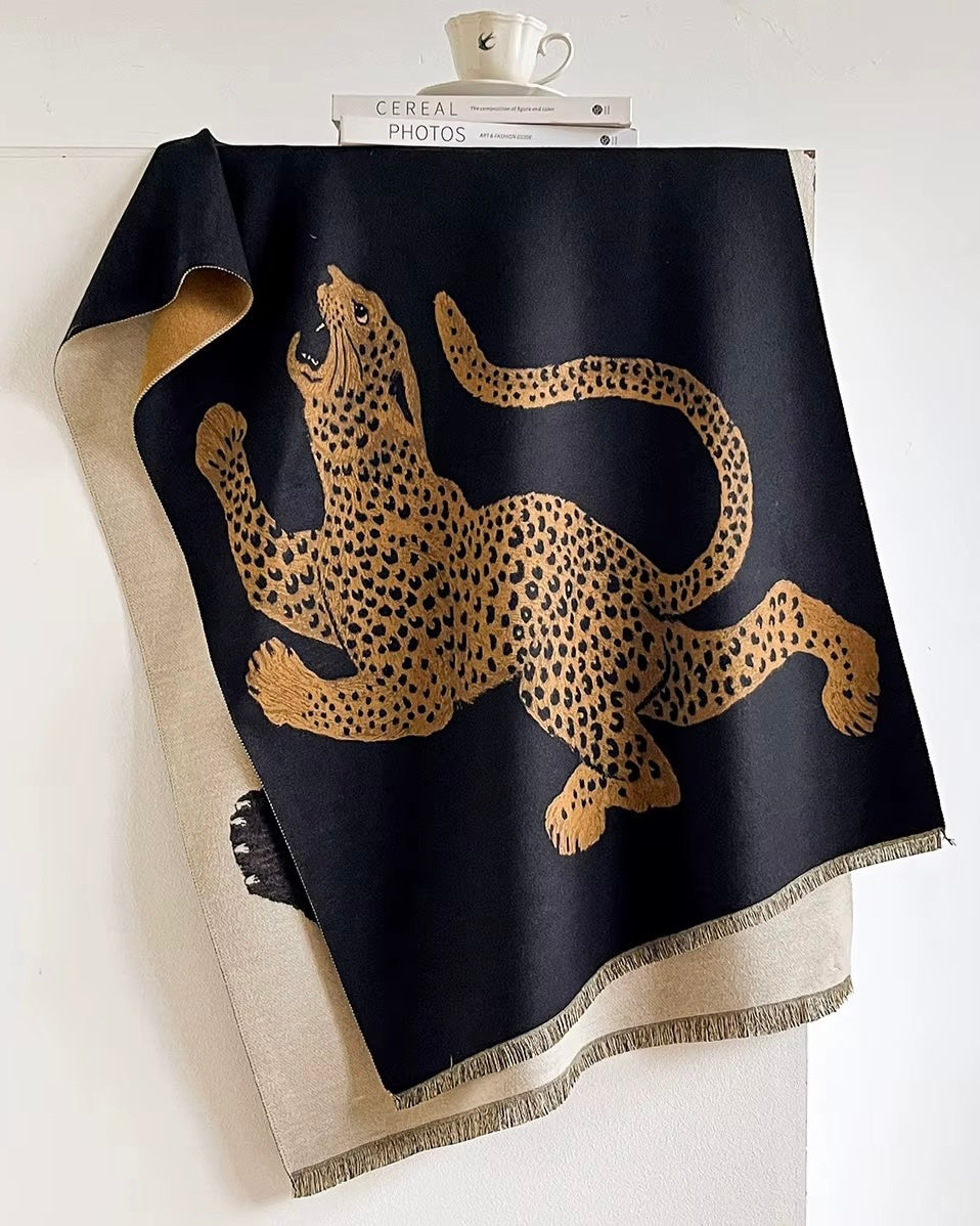 Black Roaring Leopard Jacquard Scarf