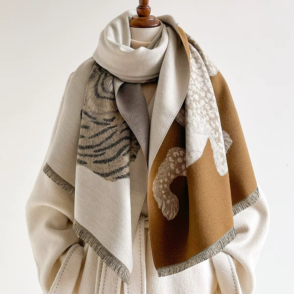 Beige Roaring Leopard Jacquard Scarf