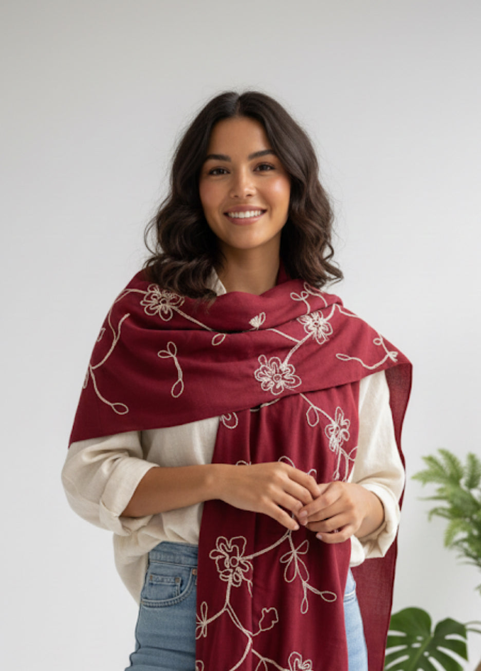 Crimson Bloom Embroidered Scarf