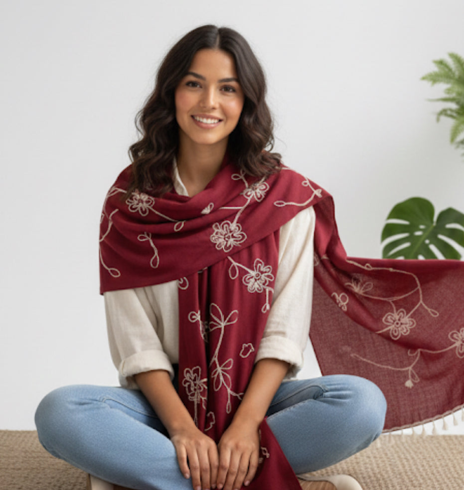 Crimson Bloom Embroidered Scarf