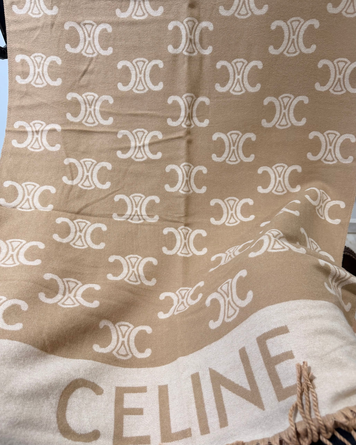CELINE Chic Beige Fringe Scarf