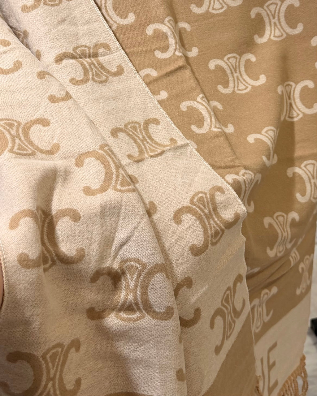 CELINE Chic Beige Fringe Scarf