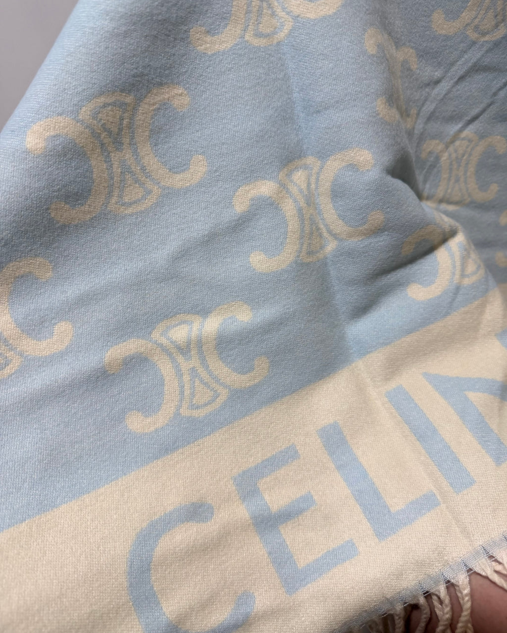 CELINE Icy Blue & Cream Fringe Scarf