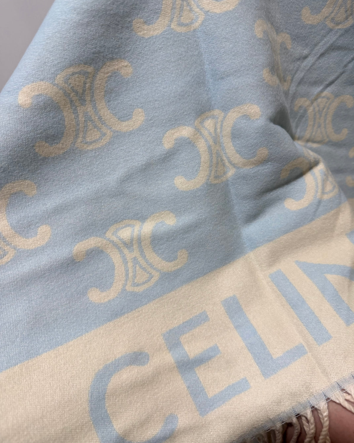 CELINE Icy Blue & Cream Fringe Scarf