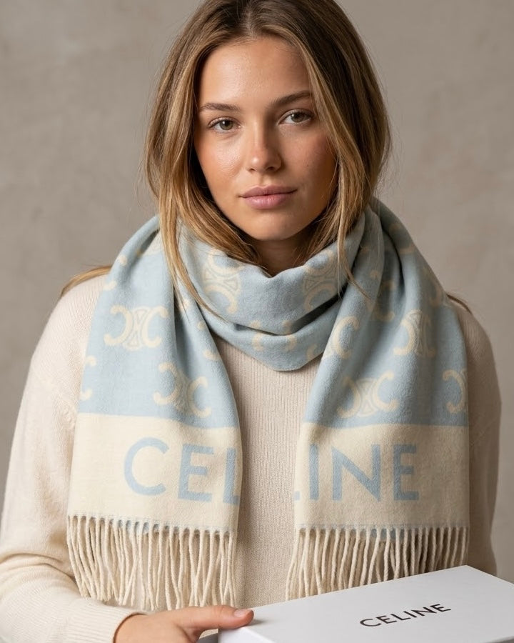 CELINE Icy Blue & Cream Fringe Scarf