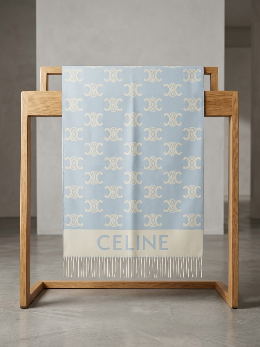 CELINE Icy Blue & Cream Fringe Scarf