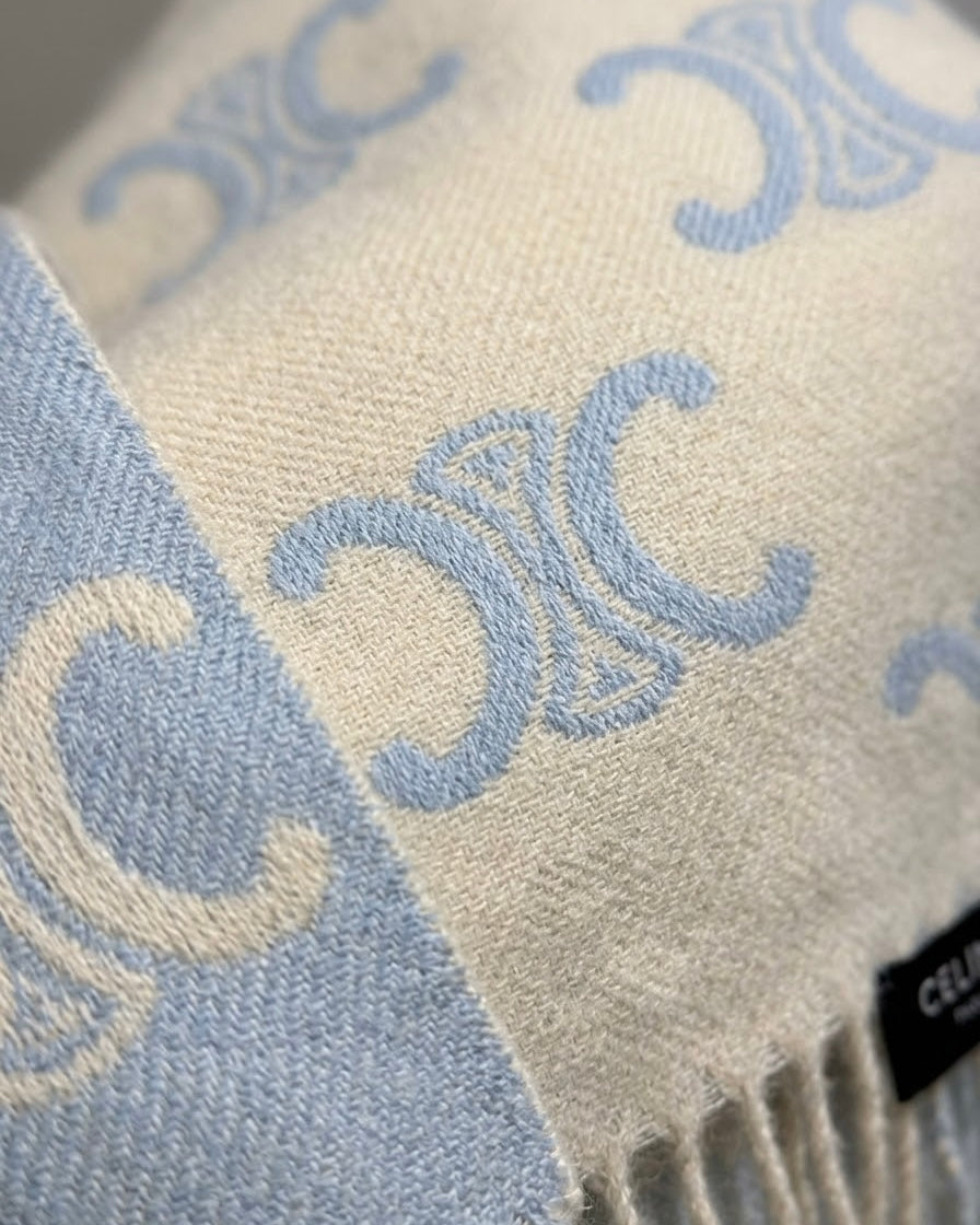 CELINE Icy Blue & Cream Fringe Scarf