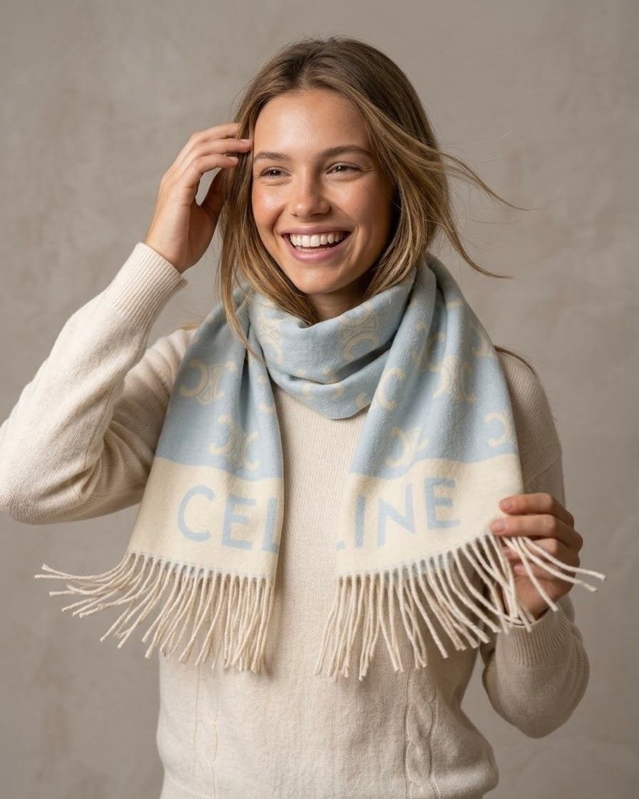 CELINE Icy Blue & Cream Fringe Scarf