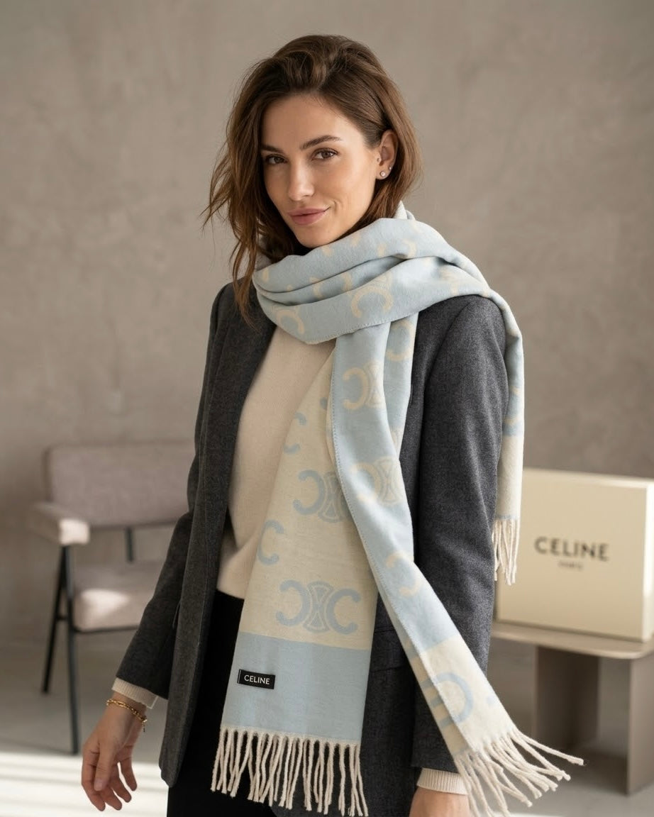 CELINE Icy Blue & Cream Fringe Scarf