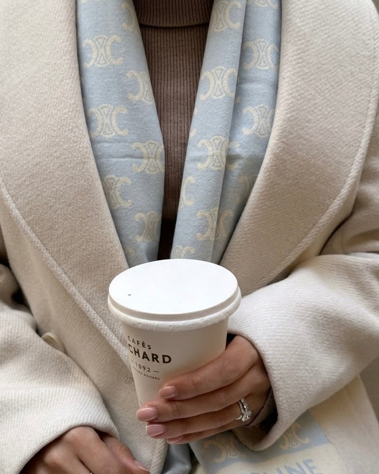 CELINE Icy Blue & Cream Fringe Scarf