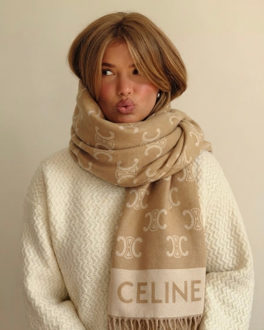 CELINE Chic Beige Fringe Scarf