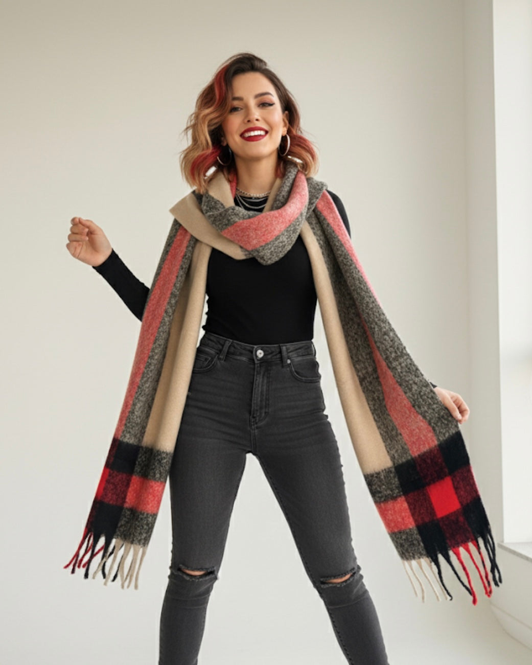 Black Red Check fluffy scarf