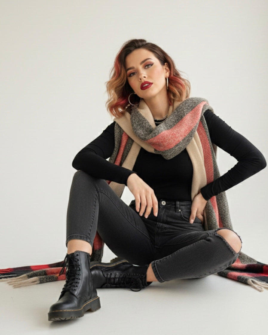 Black Red Check fluffy scarf