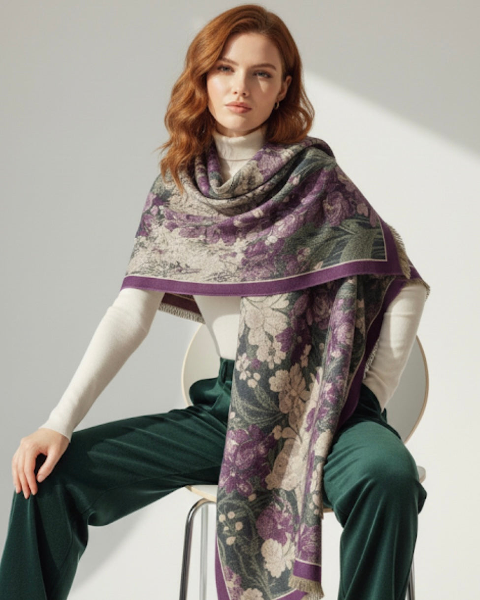 Purple Floral Faux Cashmere Scarf