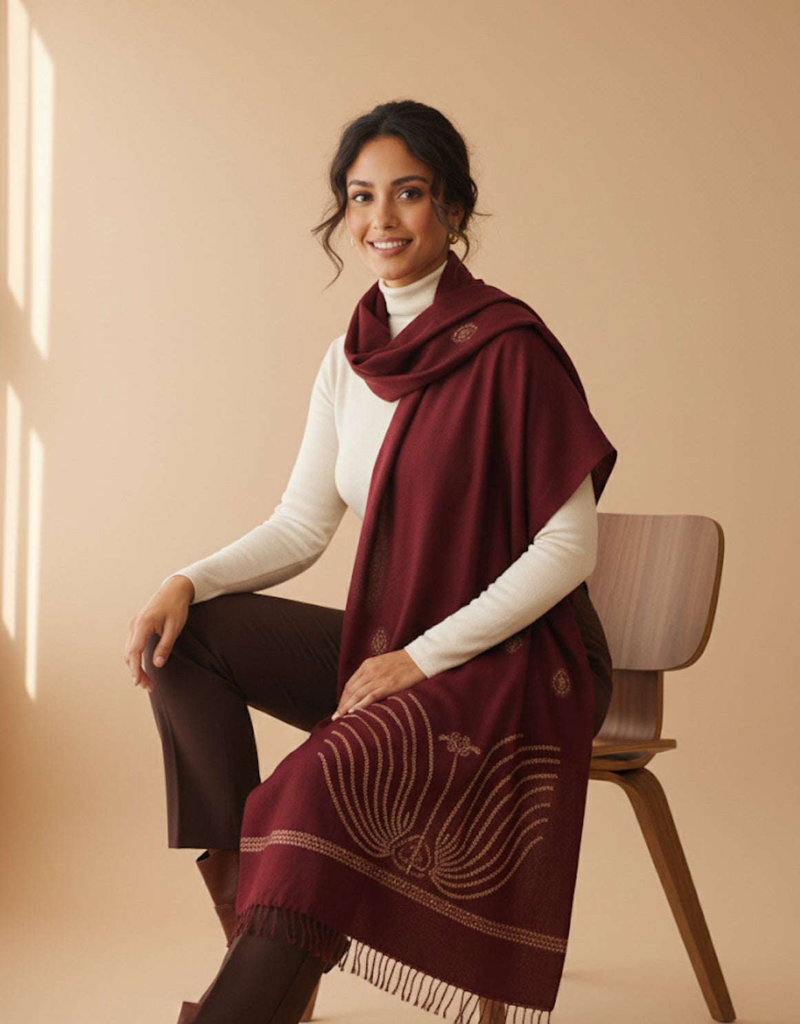 Burgundy Handmade Embroidered Scarf