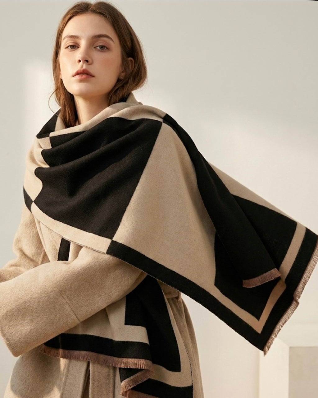 Dual Beige Black Faux Cashmere Elegant Scarf